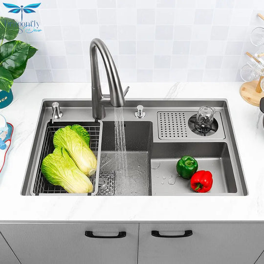 Grey Drop In Kitchen Sink Workstation Undermount Single Bowl 304 Stainless Steel With Drain Basket