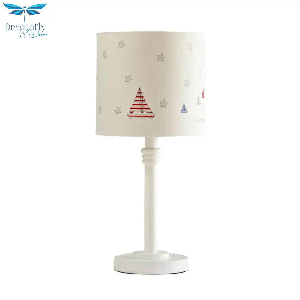 Hélène - Cartoon White Table Lamp With Drum Patterned Fabric Shade