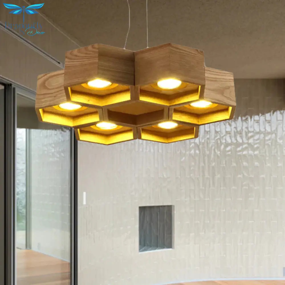 Honeycomb Chandelier Pendant Light Modern Wooden 6 - Light Living Room Ceiling Fixture