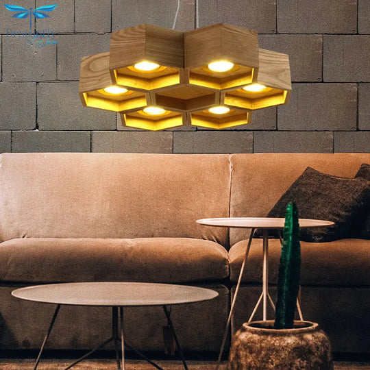 Honeycomb Chandelier Pendant Light Modern Wooden 6 - Light Living Room Ceiling Fixture Wood