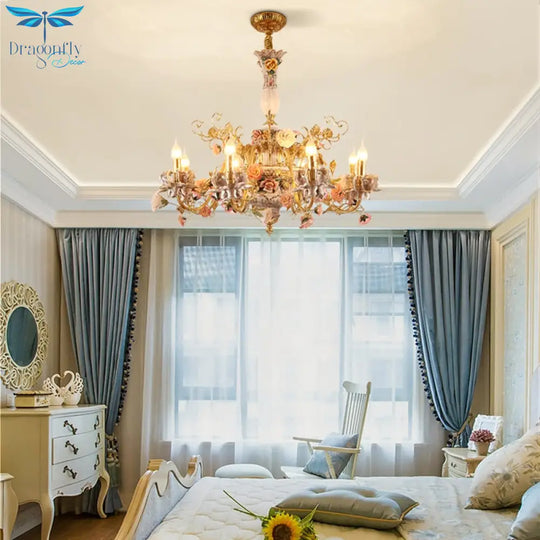 Hydrangea - European Ceramic Flower Hanging Lights Living Dining Room Brass Pendant Lamp For
