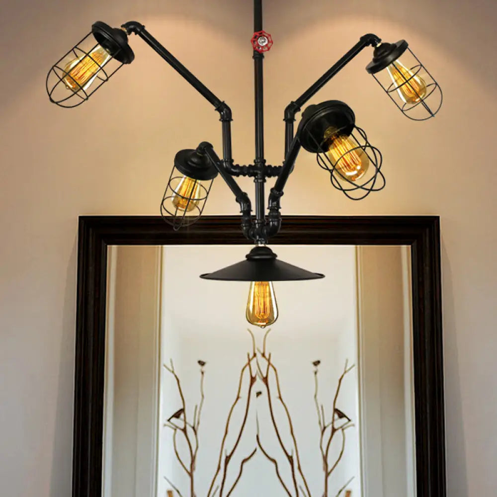 Inã¨s - Abstract Pipe Living Room Pendant Vintage Metallic 5 - Light Black Hanging Chandelier