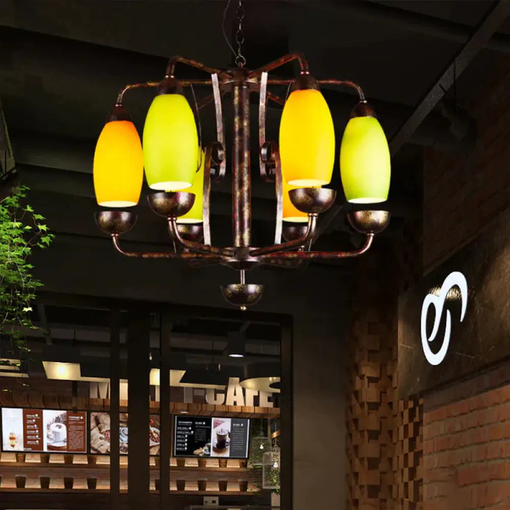 Industrial Antique Copper Pendant Light Yellow Melon 6 Lights Metallic Chandelier For Bar