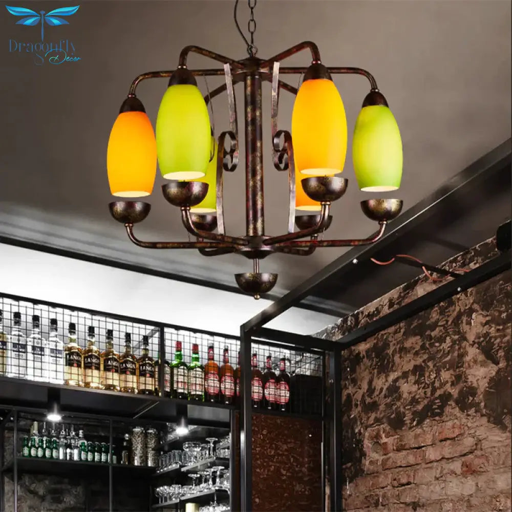 Industrial Antique Copper Pendant Light Yellow Melon 6 Lights Metallic Chandelier For Bar