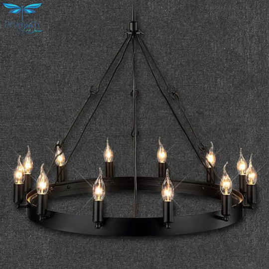 Industrial Black Iron Hanging Circular Chandelier Lamp