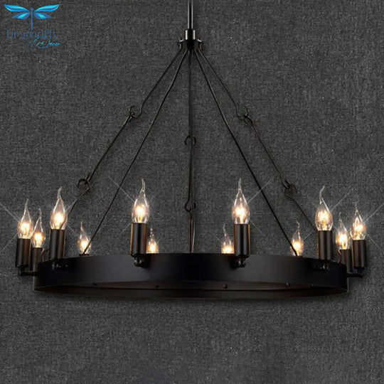 Industrial Black Iron Hanging Circular Chandelier Lamp