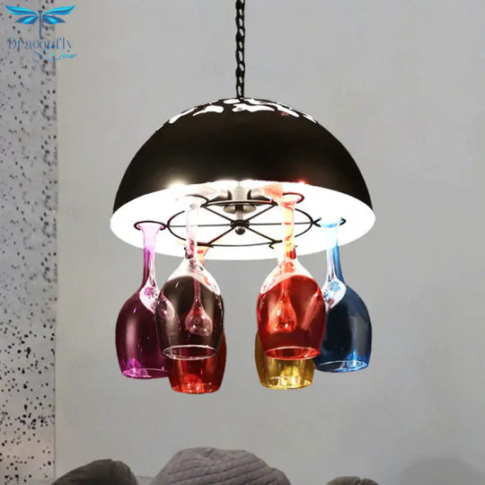 Industrial Multi - Color 6 - Light Chandeliers Domed Shape Goblet Glass Pendant Lights For Bar Black