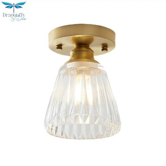 Industrial - Style Cone Glass Ceiling Light - Single Bulb Semi Flush Mount Fixture In Brass With