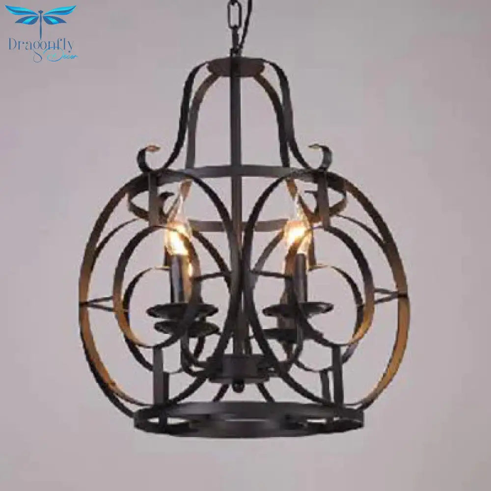 Iron Lantern Cage Suspension Light Vintage Stylish 4 Bulbs Restaurant Chandelier Pendant In Black