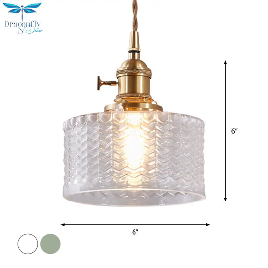 Isabella - Retro Short Cylinder Pendant Lighting 1 Head Clear/Green Wavy Glass Ceiling Hang Lamp