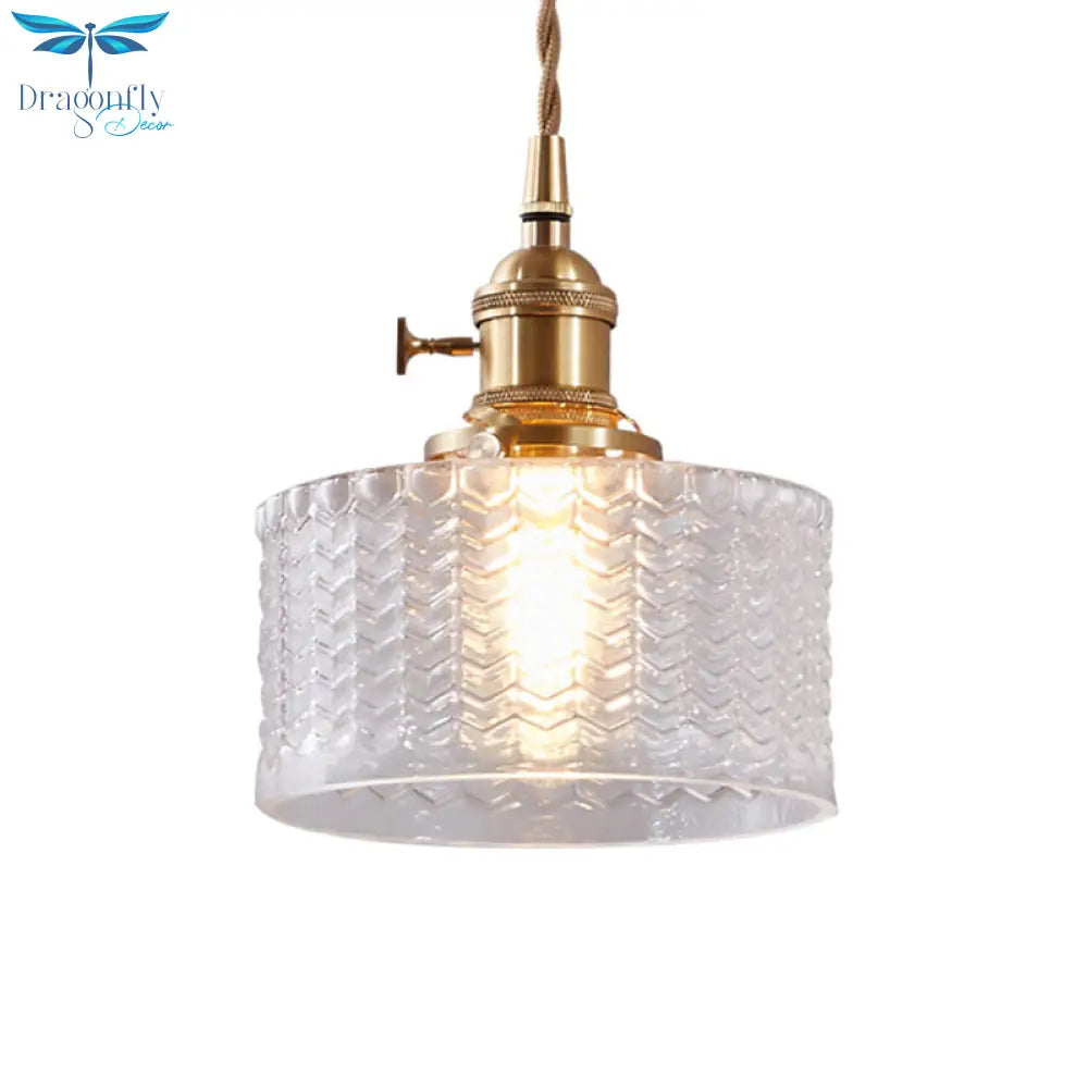Isabella - Retro Short Cylinder Pendant Lighting 1 Head Clear/Green Wavy Glass Ceiling Hang Lamp