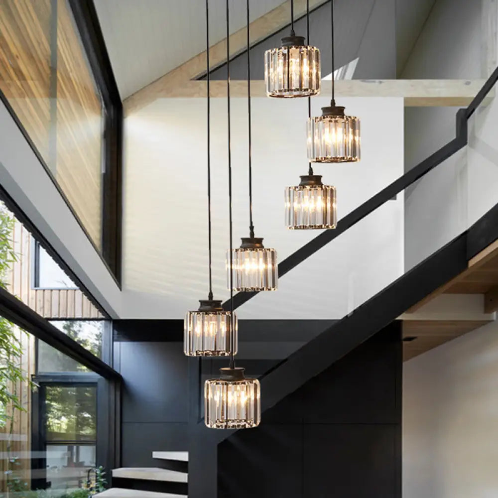 Isabelle - Modern Cylinder Staircase Multi Ceiling Light Clear Crystal Suspension Fixture 6 / Black