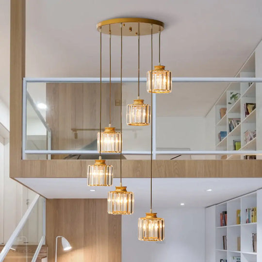 Isabelle - Modern Cylinder Staircase Multi Ceiling Light Clear Crystal Suspension Fixture 6 / Gold