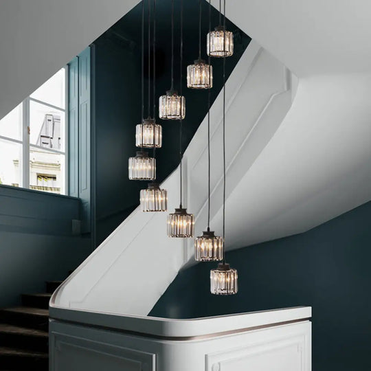 Isabelle - Modern Cylinder Staircase Multi Ceiling Light Clear Crystal Suspension Fixture 9 / Black