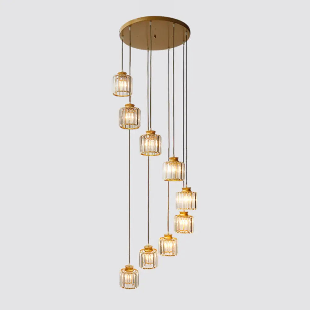 Isabelle - Modern Cylinder Staircase Multi Ceiling Light Clear Crystal Suspension Fixture 9 / Gold