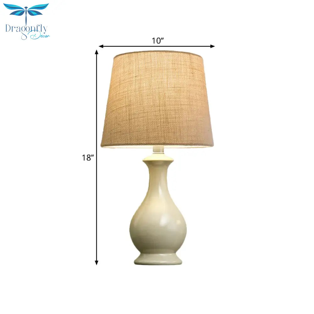 Jade - Countryside Beige Fabric Nightstand Light With White Vase Base: 1 Bulb