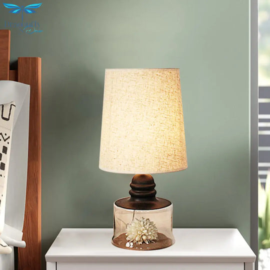 Jade - Pastoral Bucket Table Lamp 1 - Bulb Fabric Night Light In Clear/Blue/Black With Dried Flower