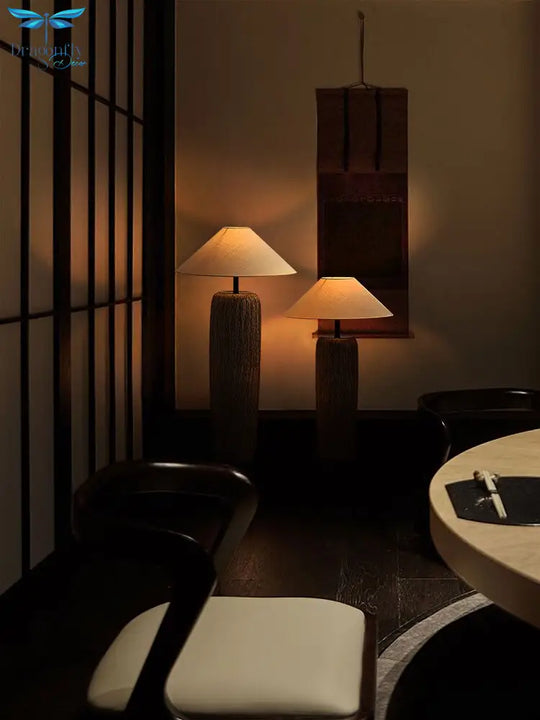 Japanese Antique Pottery Pot Floor Lamp Quiet Cloth Zen Table Light Garden Stand For Living Room