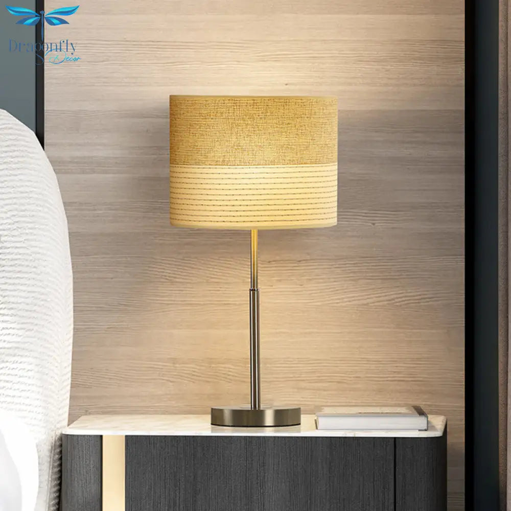 Jasmine - Contemporary Cylinder Night Lighting Fabric Bedside Lamp - Cream Gray