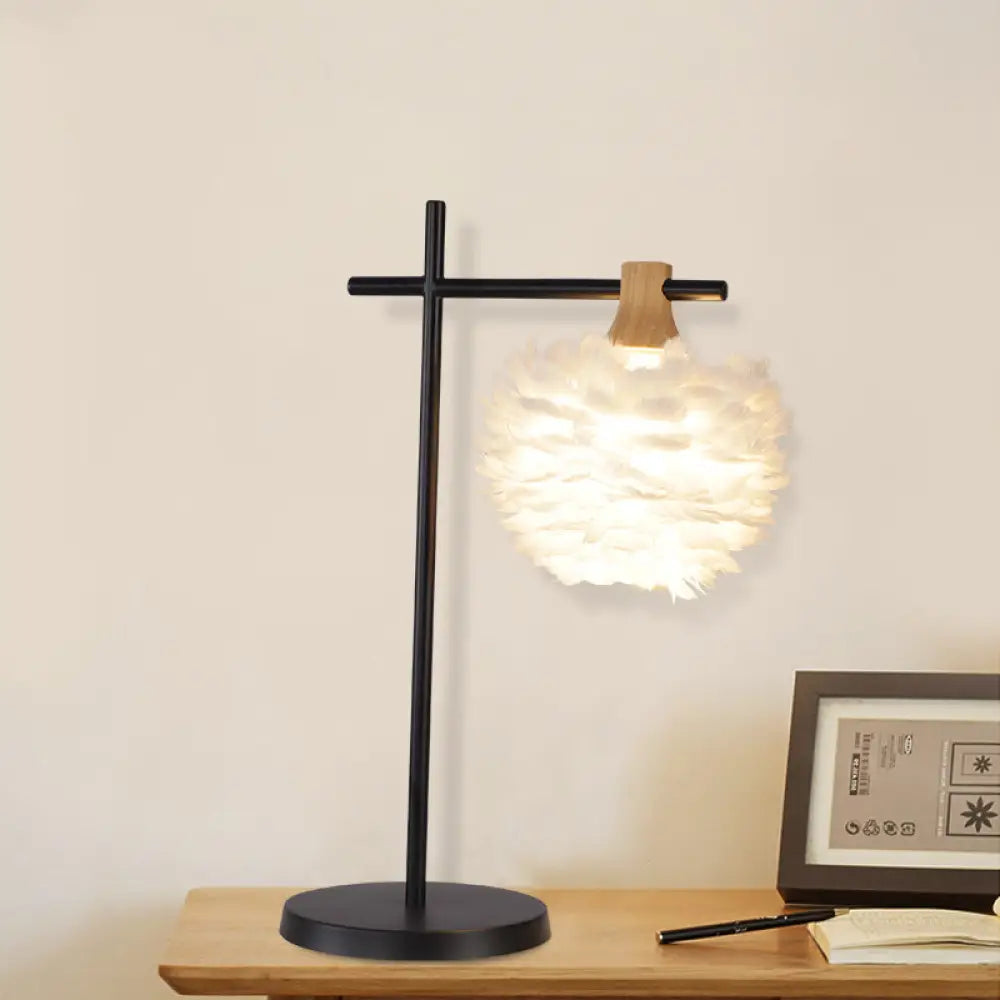 Julia - Nordic Mini Globe Night Light Feather Table Lamp: Black - White White