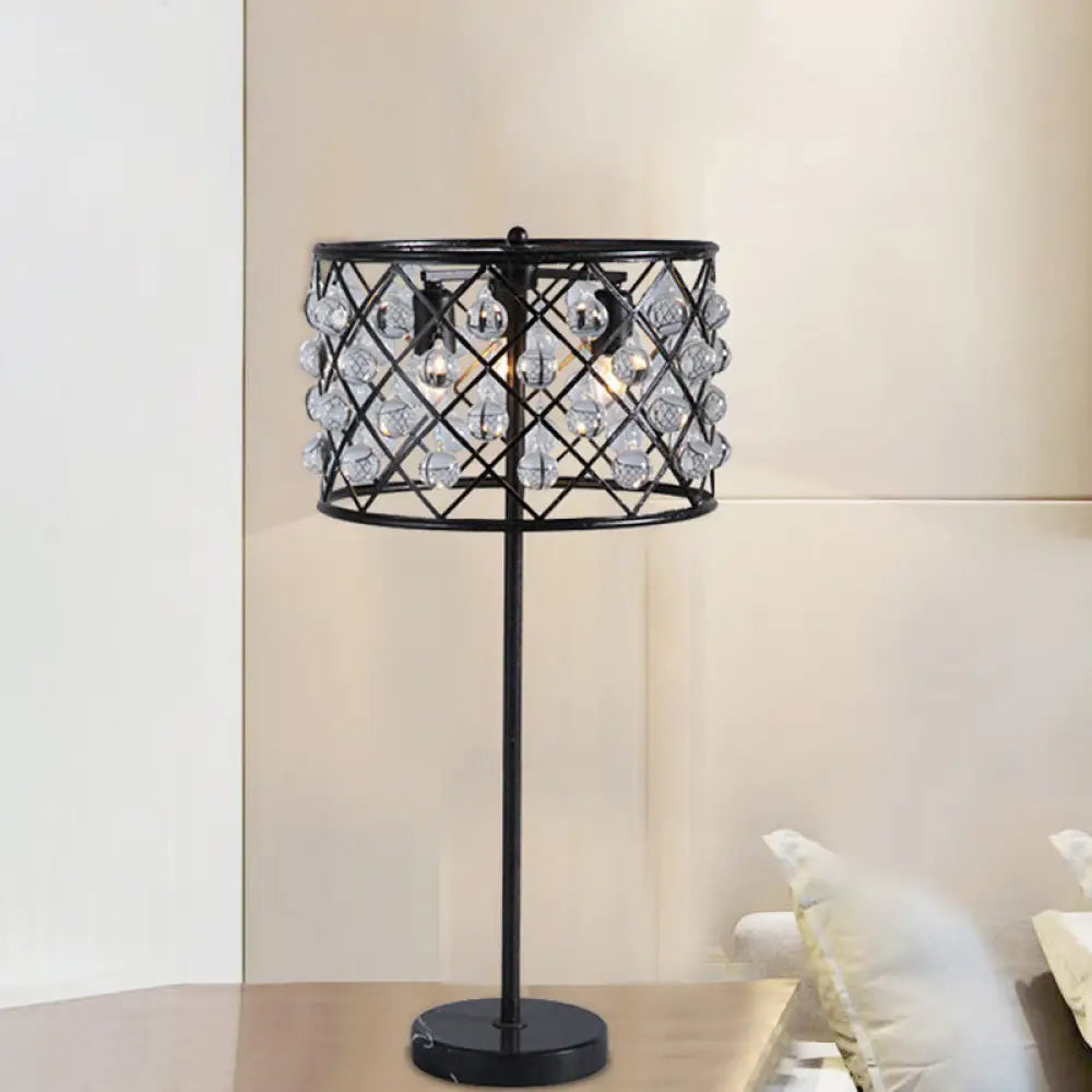 Justine - Modernist Grid Nightstand Light With Drum Design Crystal Drip Lamp Black