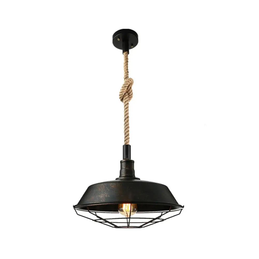 Kaylee - Farmhouse Single Iron Suspension Light Pendant In Black With Hemp Rope / C