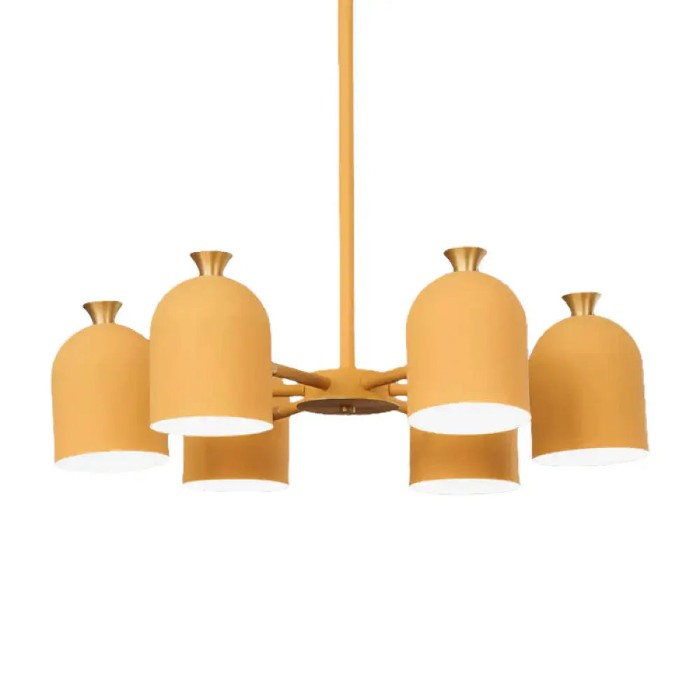 Kids Cup Shade Hanging Light Metal Six Lights Yellow Chandelier For Adult Bedroom