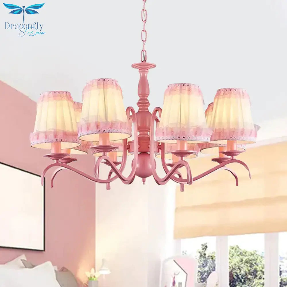 Kids Fold Tapered Shade Chandelier Metal Eight Lights Pink Pendant Light With Lace For Villa