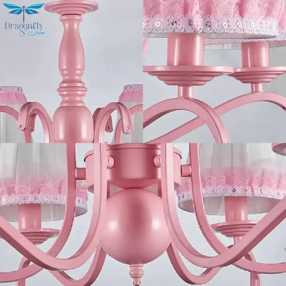 Kids Fold Tapered Shade Chandelier Metal Eight Lights Pink Pendant Light With Lace For Villa