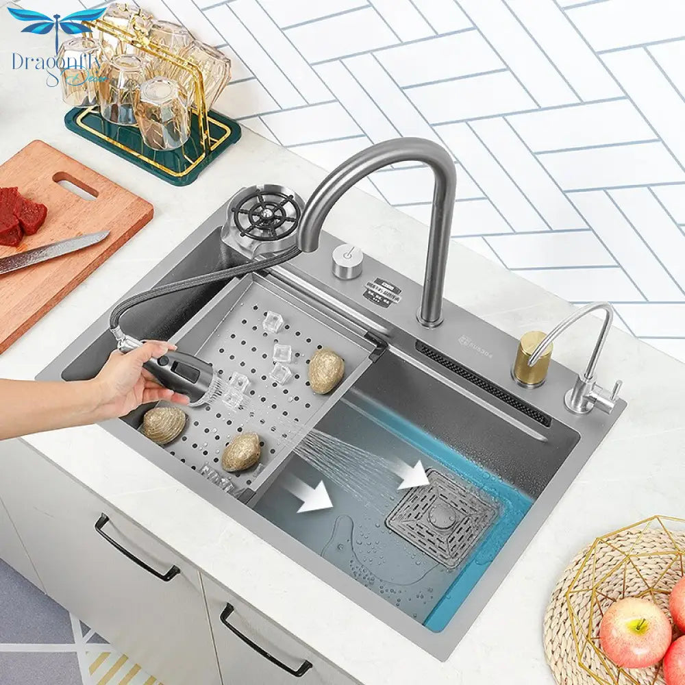 Kitchen Sink 304 Stainless Steel Large Single Slot With Multifunction Touch Waterfall Faucet For