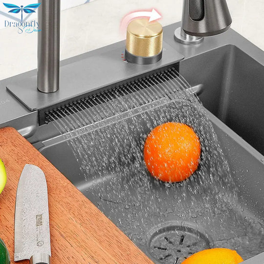 Kitchen Sink Nano 304 Stainless Steel Waterfall Gun Gray Large Single Bowl With Multifunction Touch