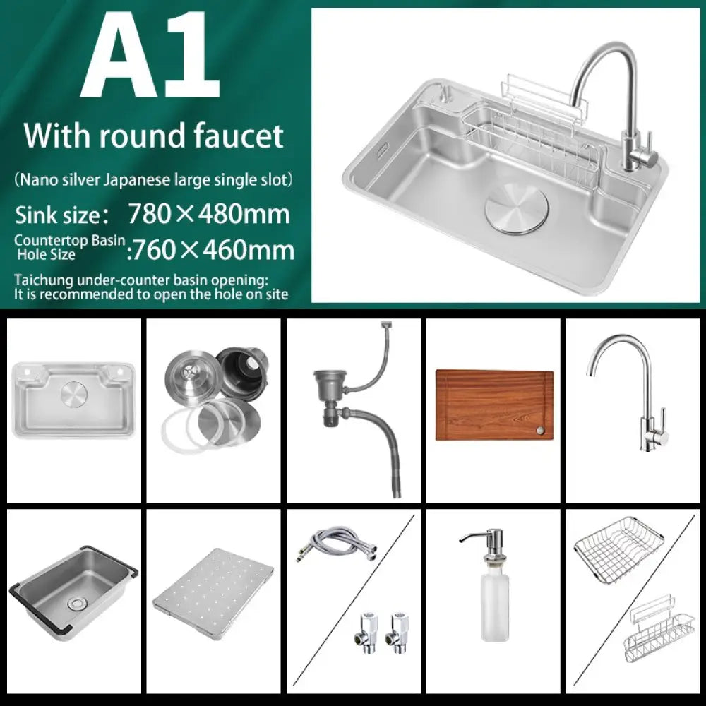 Kitchen Sink Workstation Nano Single Bowl 304 Stainless Steel Large Basin 78X48Cm With Drain
