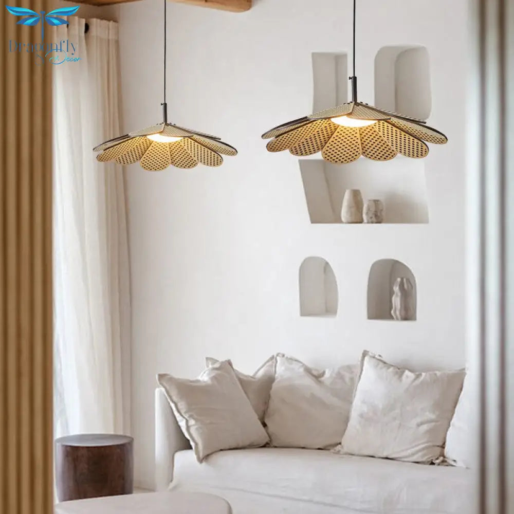Korean Wood Dining Room Pendant Lights Petal Shape Warm Bedroom Kitchen Shop Lamp Cord Adjustable