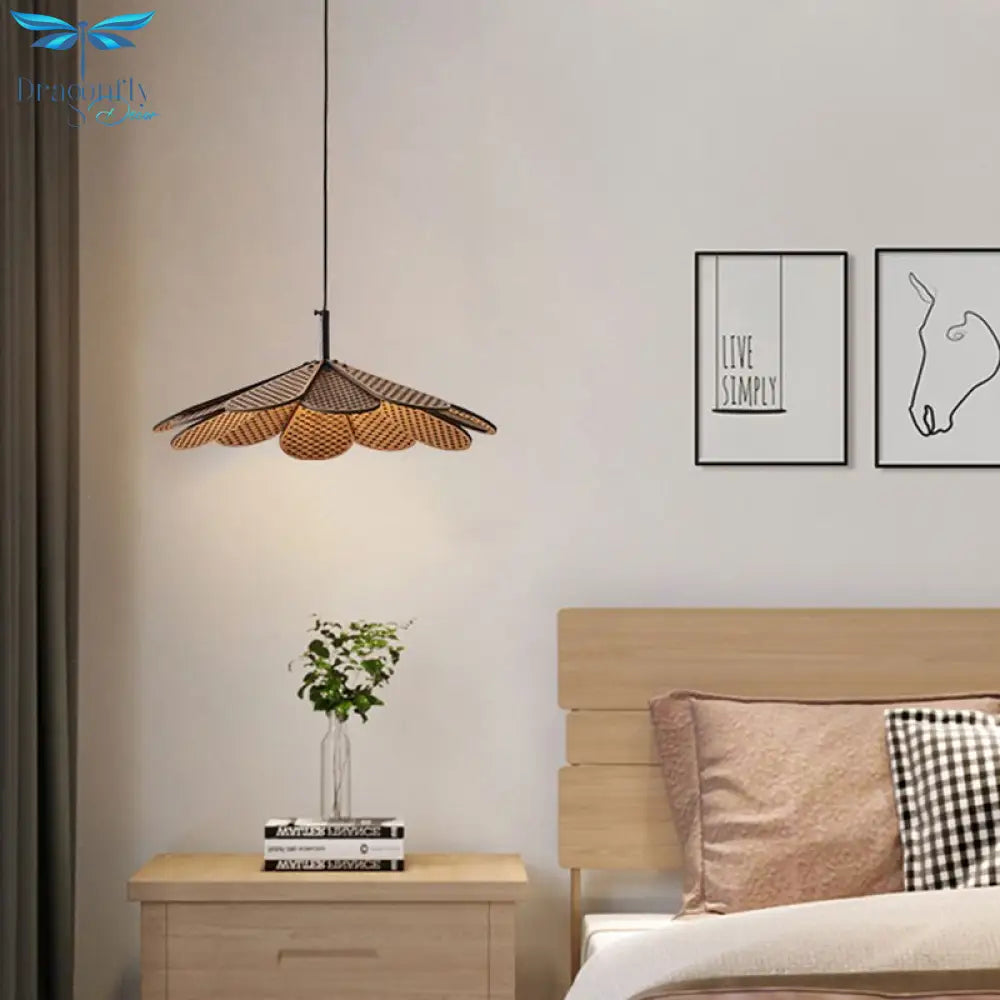 Korean Wood Dining Room Pendant Lights Petal Shape Warm Bedroom Kitchen Shop Lamp Cord Adjustable