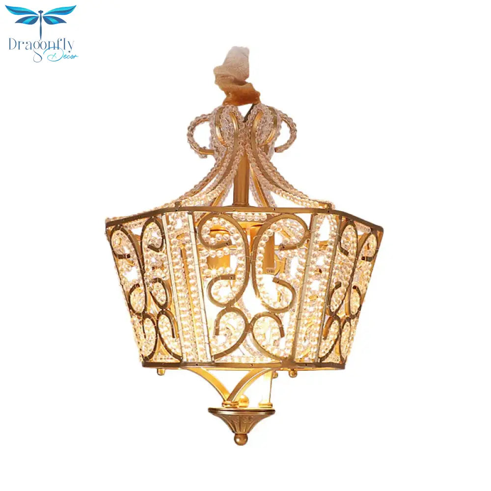Lantern Crystal Chandelier Lighting Rustic 2 Lights Bedroom Pendant In Gold