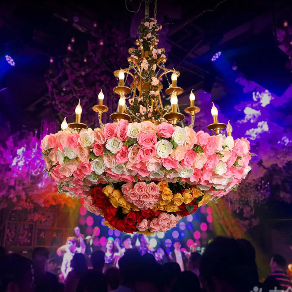Lara - Industrial 12 Lights Candle Chandelier Pink Flower Metal Pendant Light For Restaurant