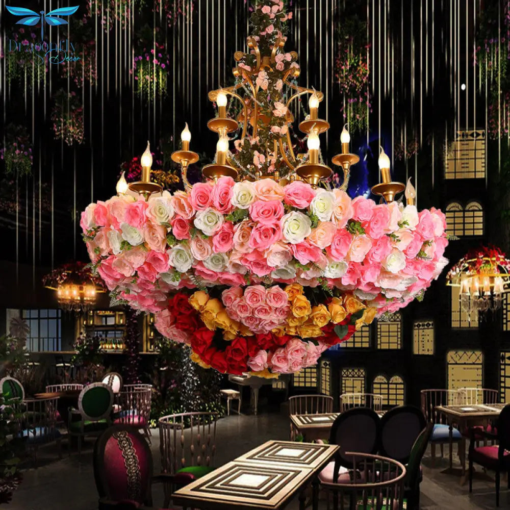 Lara - Industrial 12 Lights Candle Chandelier Pink Flower Metal Pendant Light For Restaurant