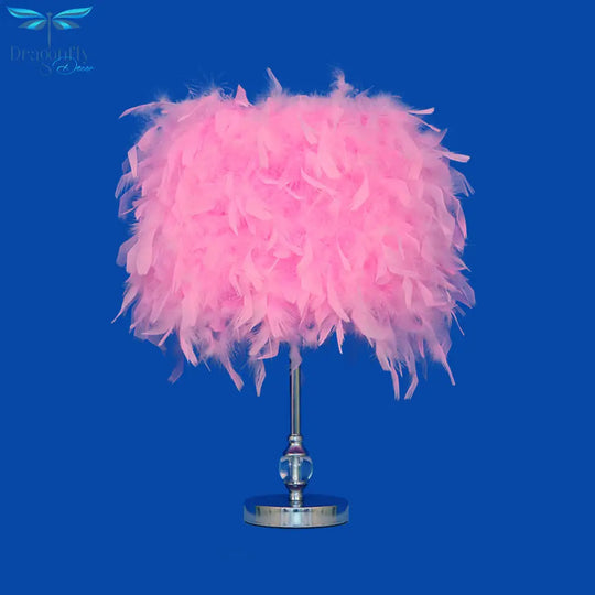 Lara - Simplicity Drum Night Lamp Feather 1 - Light Bedroom Table Lighting In Pink/Red/Yellow With