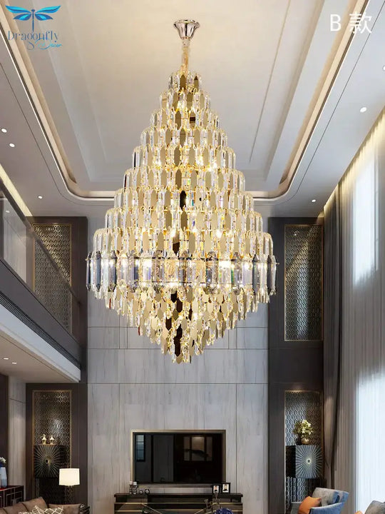 Large Chandelier Indoor Decorative Luxurious Golden Amber Crystal Long Chain Lamp For Lobby Villa