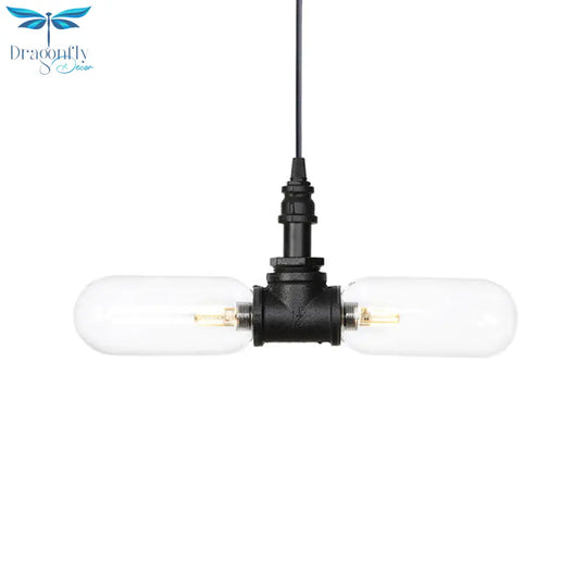 Laura - Black Clear Glass Capsule Shade Pendant Antiqued 2 - Head Coffee Shop Led Ceiling