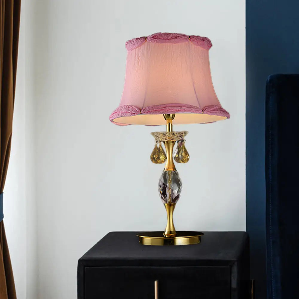 Layla - Pink Bell Fabric Night Table Lamp Simple 1 Light Bedroom Nightstand In With Crystal Urn Base