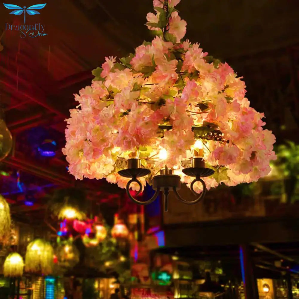 Layla - Vintage Bowl Chandelier Light Fixture 3 Heads Metal Flower Pendant Lamp In Pink For