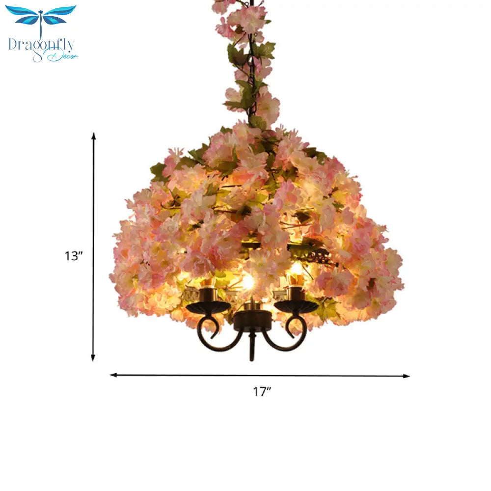 Layla - Vintage Bowl Chandelier Light Fixture 3 Heads Metal Flower Pendant Lamp In Pink For
