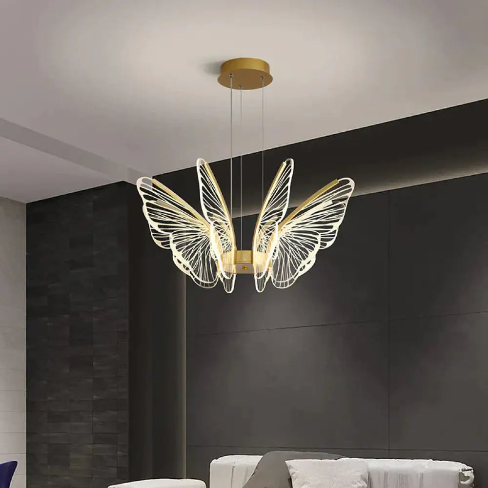 Led Iron Butterfly Three Color Dimming Glass Chandelier 6Heads / Trichromatic Light Pendant