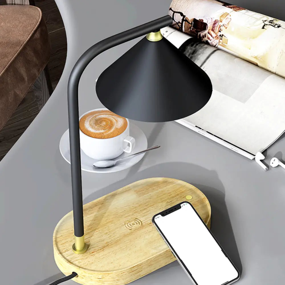 Léopoldine - Beige Simple Oblong Night Lighting Wood 1 Bulb Bedroom Desk Lamp In With Conic Metal