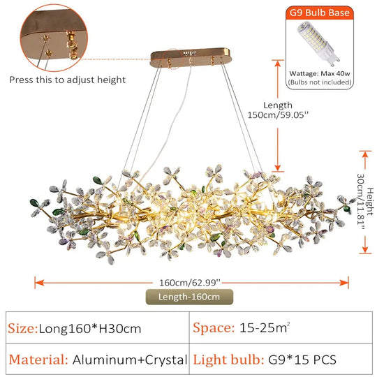Liana French Crystal Gold Pendant Lamp For Dining & Villas Long 160Cm / White Light 6000K Chandelier