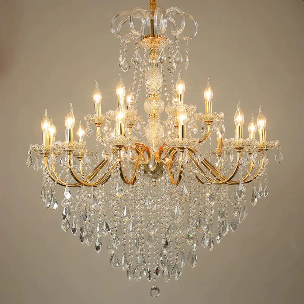 Living Room Chandelier Golden Wrought Iron Crystal Lamp Restaurant Atmosphere Hotel Hall Candle
