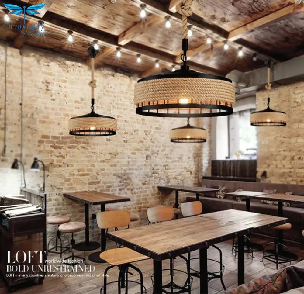 Loft Pendant Lamp Vintage Rope Hemp Chandelier Retaurant Living Room Bedroom Bar Pub Club Cafe