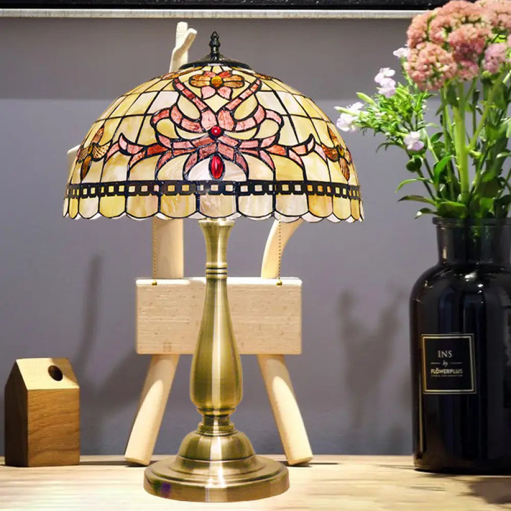 Lucy - Floral Table Light: Vintage Shell Lamp In Brushed Gold Brass