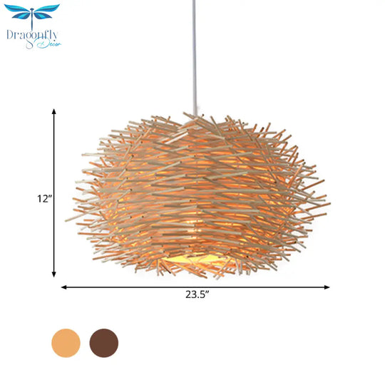 Luna - Rustic Wood Bird Nest Hanging Light Farmhouse Single Luminaire Lighting In Brown/Wood For